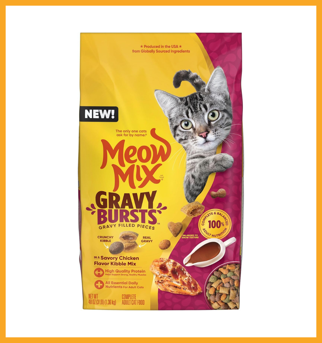 Meow Mix Gravy Bursts Dry Cat Food, Chicken, 3 LB Bag offers balanced nutrition with savory gravy-filled pieces. Perfect for adult cats, supporting health, digestion, and a shiny coat.